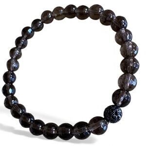 Polished Faceted 6mm Smokey Quartz Stretch Bracelet w/ Black Crystal Pave Spacer